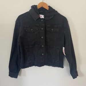 NWT Justice Denim Hooded Jean Jacket Raw hem pockets stretch size 16/18